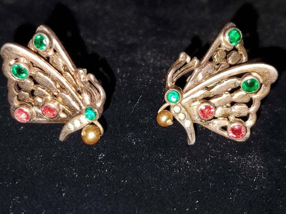 Sterling Rhinestone Butterfly Screw Back Earrings 1940's Pierced Design